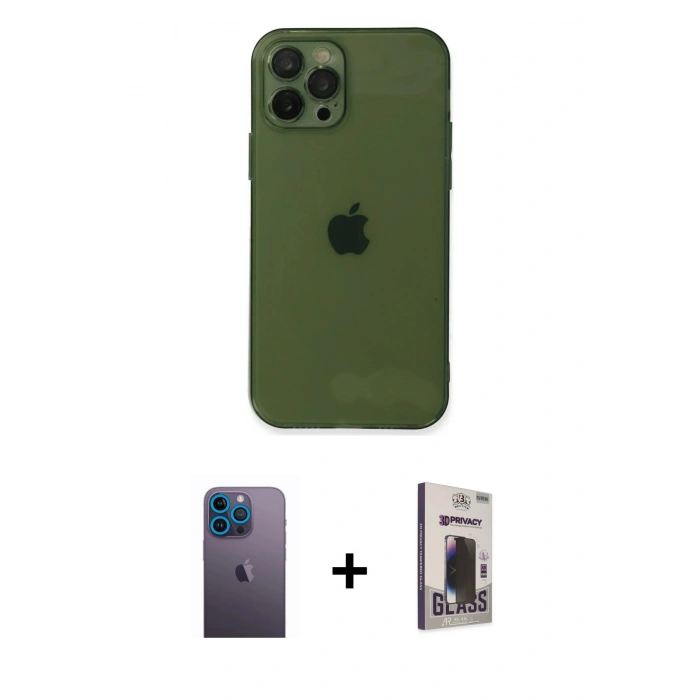 MARSİLYAN™- iPhone 12 Pro Max Kılıf Ahenk Doku - Siyah Bilvis Hayalet Cam Ekran Koruyucu + Neon Fosforlu Kamera Lens - MI