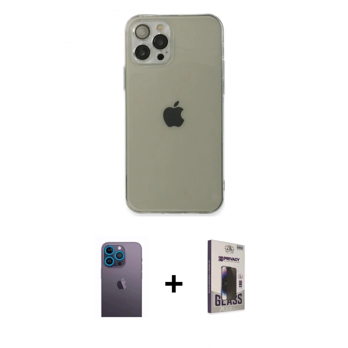 MARSİLYAN™- iPhone 12 Pro Max Kılıf Ahenk Doku - Siyah Bilvis Hayalet Cam Ekran Koruyucu + Neon Fosforlu Kamera Lens - MI