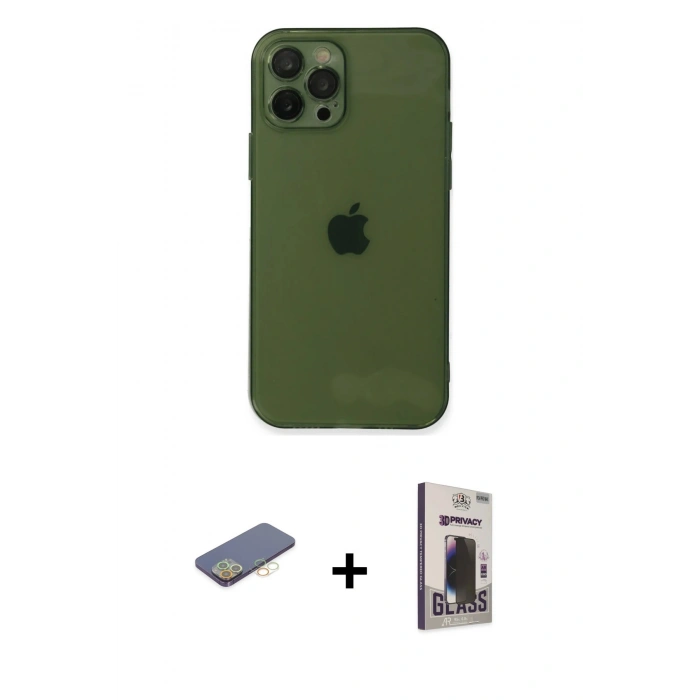 MARSİLYAN™- iPhone 12 Pro Max Kılıf Ahenk Doku - Siyah Bilvis Hayalet Cam Ekran Koruyucu + Renkli Kamera Lens Koruma Cam - SI