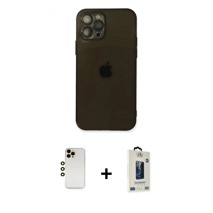 MARSİLYAN™- iPhone 12 Pro Max Kılıf Ahenk Doku - Siyah Bilvis Hayalet Cam Ekran Koruyucu + Shine Kamera Lens - GD