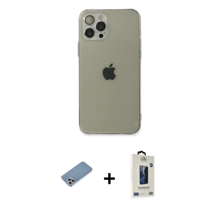MARSİLYAN™- iPhone 12 Pro Max Kılıf Ahenk Doku - Siyah Bilvis Hayalet Cam Ekran Koruyucu + Shine Kamera Lens Koruma Cam - GS