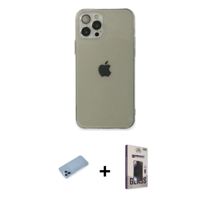 MARSİLYAN™- iPhone 12 Pro Max Kılıf Ahenk Doku - Siyah Bilvis Hayalet Cam Ekran Koruyucu + Shine Kamera Lens Koruma Cam - MI