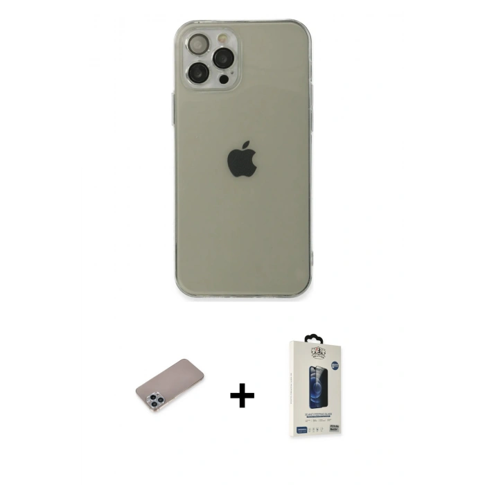 MARSİLYAN™- iPhone 12 Pro Max Kılıf Ahenk Doku - Siyah Bilvis Hayalet Cam Ekran Koruyucu + Shine Kamera Lens Koruma Cam - SABE