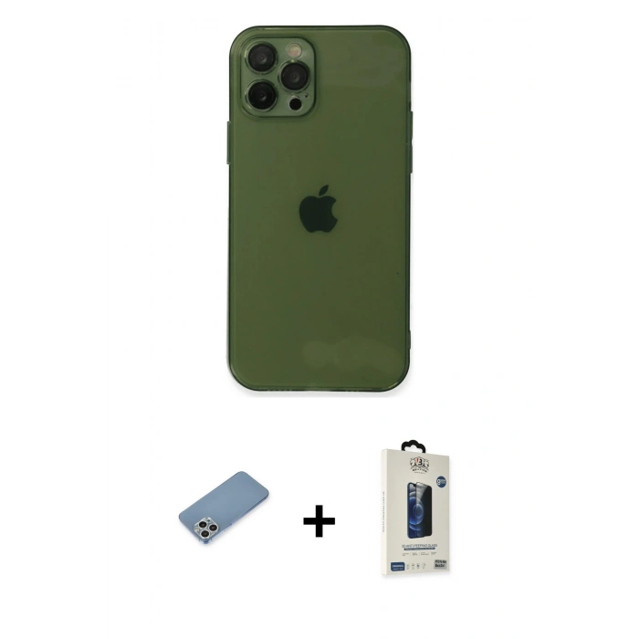 MARSİLYAN™- iPhone 12 Pro Max Kılıf Ahenk Doku - Siyah Bilvis Hayalet Cam Ekran Koruyucu + Shine Kamera Lens Koruma Cam - GS