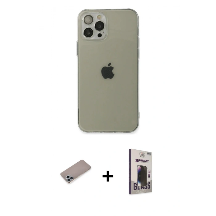 MARSİLYAN™- iPhone 12 Pro Max Kılıf Ahenk Doku - Siyah Bilvis Hayalet Cam Ekran Koruyucu + Shine Kamera Lens Koruma Cam - SABE