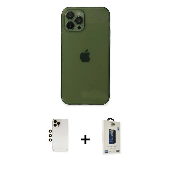 MARSİLYAN™- iPhone 12 Pro Max Kılıf Ahenk Doku - Siyah Bilvis Hayalet Cam Ekran Koruyucu + Shine Kamera Lens - GD