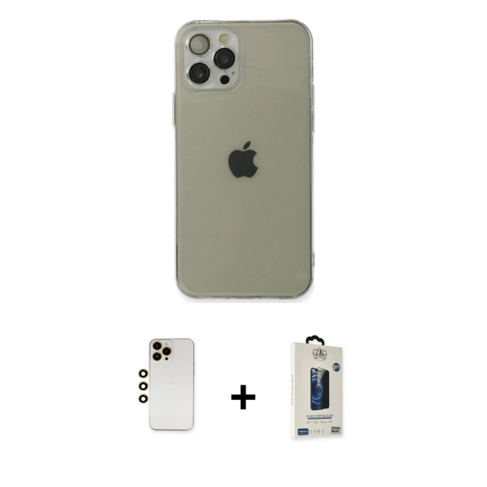 MARSİLYAN™- iPhone 12 Pro Max Kılıf Ahenk Doku - Siyah Bilvis Hayalet Cam Ekran Koruyucu + Shine Kamera Lens - GD