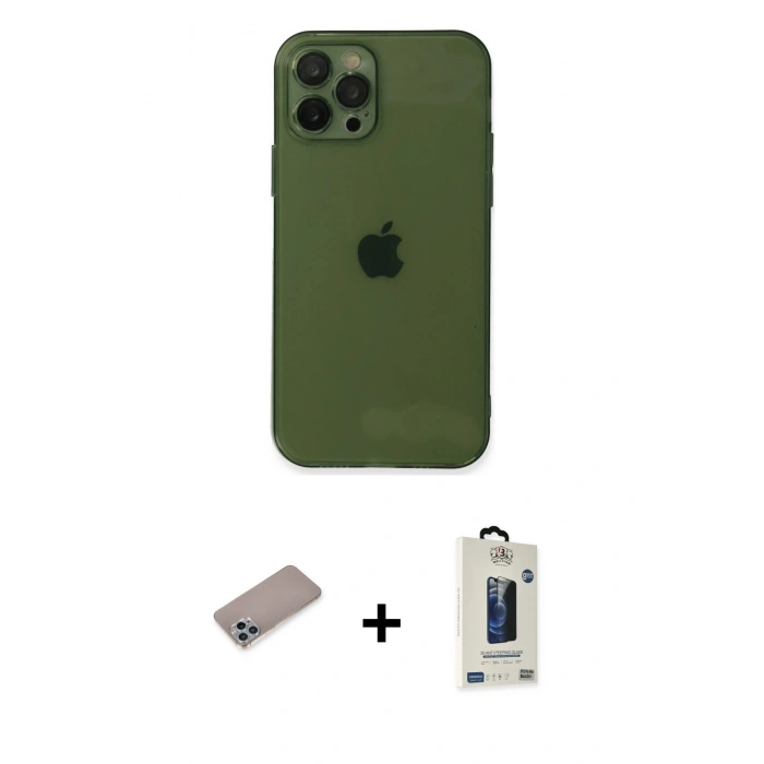 MARSİLYAN™- iPhone 12 Pro Max Kılıf Ahenk Doku - Siyah Bilvis Hayalet Cam Ekran Koruyucu + Shine Kamera Lens Koruma Cam - SABE