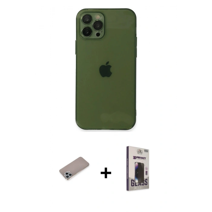 MARSİLYAN™- iPhone 12 Pro Max Kılıf Ahenk Doku - Siyah Bilvis Hayalet Cam Ekran Koruyucu + Shine Kamera Lens Koruma Cam - SABE