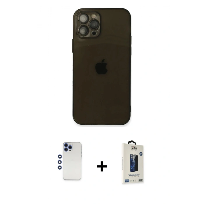 MARSİLYAN™- iPhone 12 Pro Max Kılıf Ahenk Doku - Siyah Bilvis Hayalet Cam Ekran Koruyucu + Shine Kamera Lens - LT