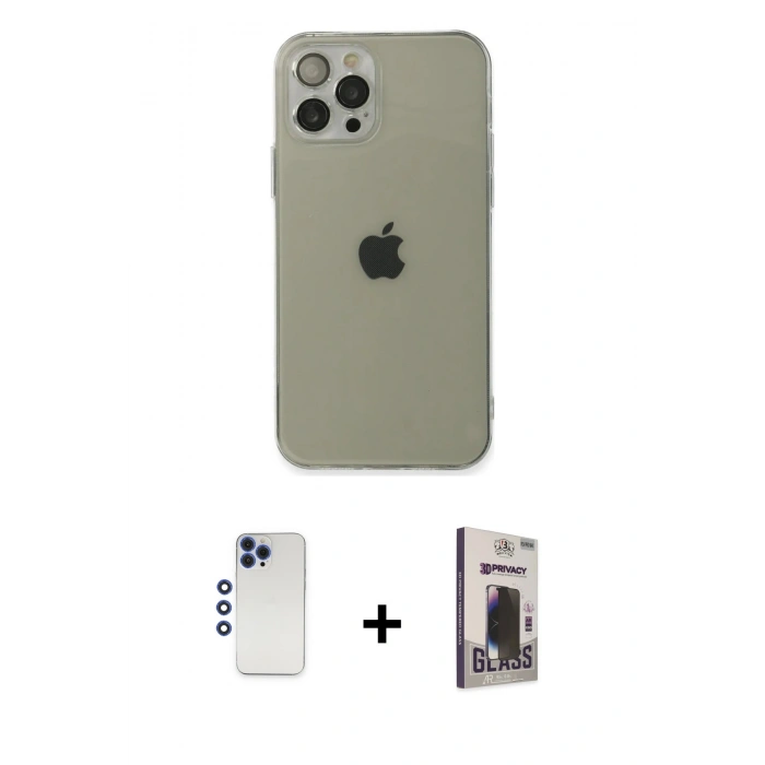 MARSİLYAN™- iPhone 12 Pro Max Kılıf Ahenk Doku - Siyah Bilvis Hayalet Cam Ekran Koruyucu + Shine Kamera Lens - LT