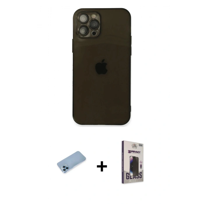 MARSİLYAN™- iPhone 12 Pro Max Kılıf Ahenk Doku - Siyah Bilvis Hayalet Cam Ekran Koruyucu + Shine Kamera Lens Koruma Cam - MI
