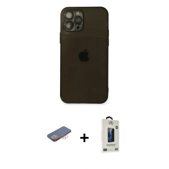 MARSİLYAN™- iPhone 12 Pro Max Kılıf Ahenk Doku - Siyah Bilvis Hayalet Cam Ekran Koruyucu + Turuncu Renkli Kamera Lens Koruma Cam