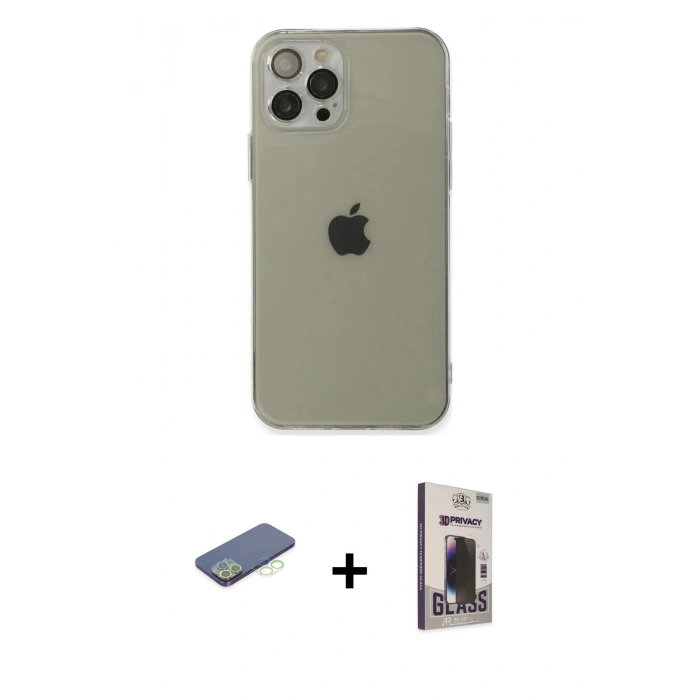 MARSİLYAN™- iPhone 12 Pro Max Kılıf Ahenk Doku - Siyah Bilvis Hayalet Cam Ekran Koruyucu + Renkli Kamera Lens Koruma Cam - YL