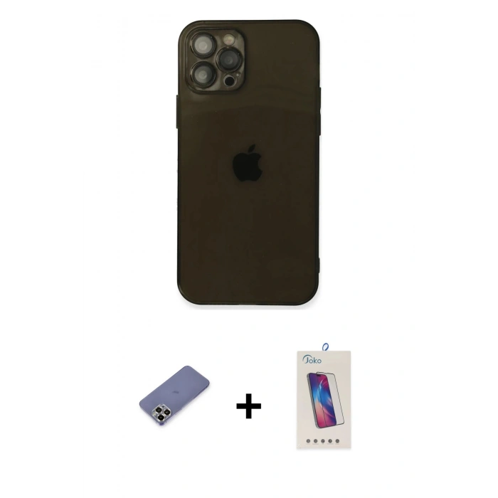 MARSİLYAN™- iPhone 12 Pro Max Kılıf Ahenk Doku - Siyah Joko 5D Cam + Metal Kamera Lens Koruma Cam - GD