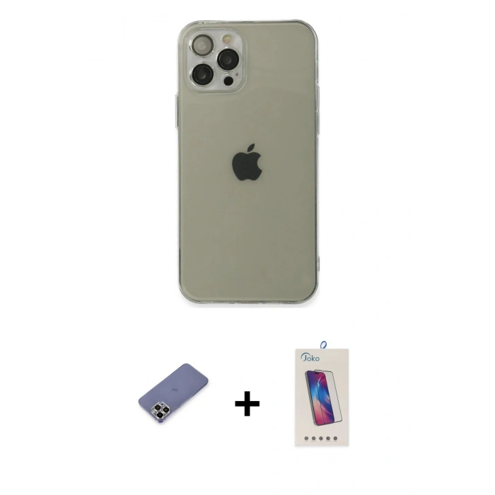 MARSİLYAN™- iPhone 12 Pro Max Kılıf Ahenk Doku - Siyah Joko 5D Cam + Metal Kamera Lens Koruma Cam - GD