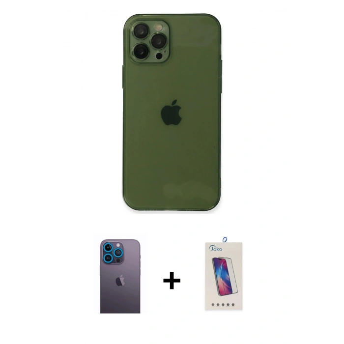 MARSİLYAN™- iPhone 12 Pro Max Kılıf Ahenk Doku - Siyah Joko 5D Cam + Neon Fosforlu Kamera Lens - MI
