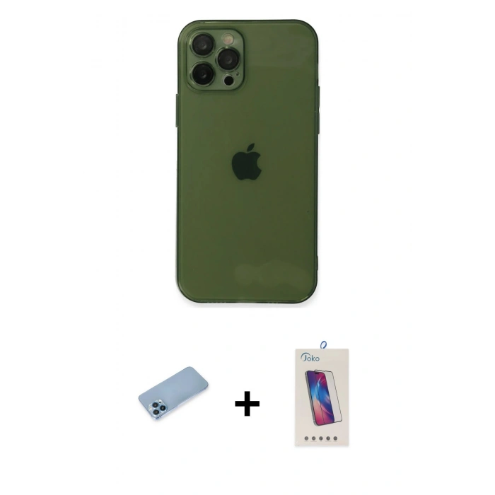 MARSİLYAN™- iPhone 12 Pro Max Kılıf Ahenk Doku - Siyah Joko 5D Cam + Mavi Shine Kamera Lens Koruma Cam