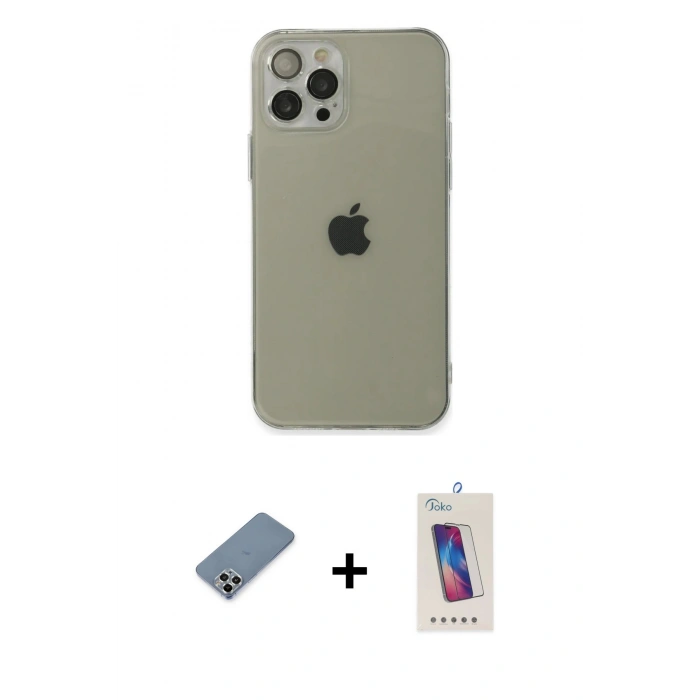 MARSİLYAN™- iPhone 12 Pro Max Kılıf Ahenk Doku - Siyah Joko 5D Cam + Metal Kamera Lens Koruma Cam - GS