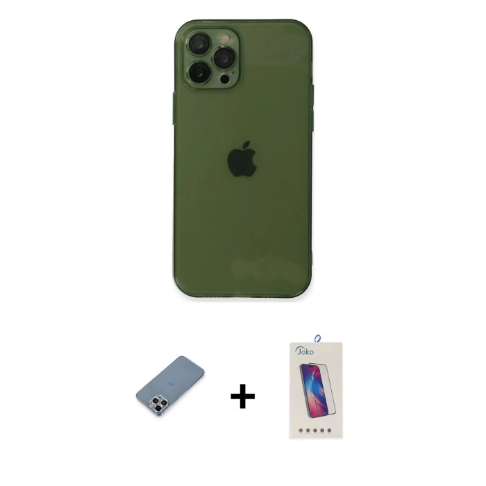 MARSİLYAN™- iPhone 12 Pro Max Kılıf Ahenk Doku - Siyah Joko 5D Cam + Metal Kamera Lens Koruma Cam - GS
