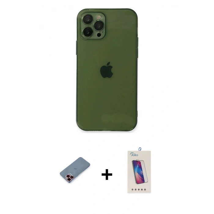 MARSİLYAN™- iPhone 12 Pro Max Kılıf Ahenk Doku - Siyah Joko 5D Cam + Metal Kamera Lens Koruma Cam - KI