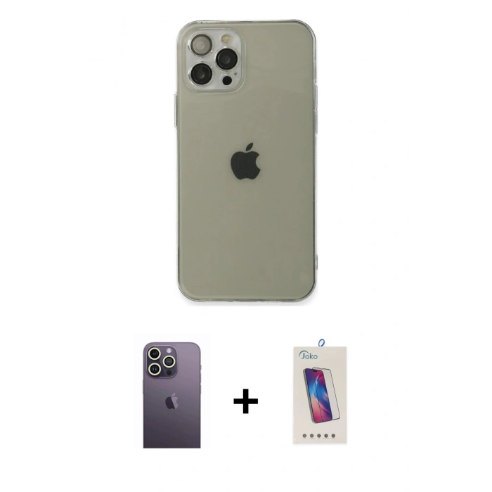 MARSİLYAN™- iPhone 12 Pro Max Kılıf Ahenk Doku - Siyah Joko 5D Cam + Neon Fosforlu Kamera Lens - BZ