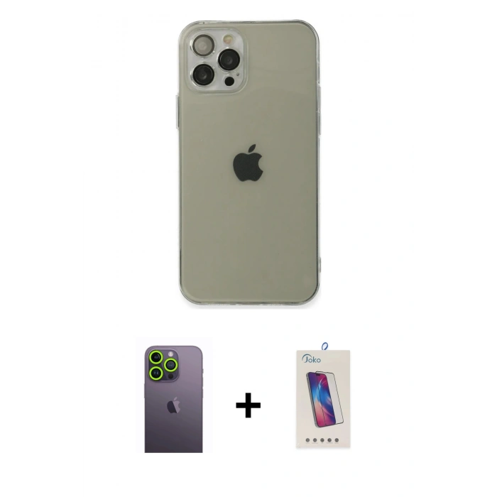 MARSİLYAN™- iPhone 12 Pro Max Kılıf Ahenk Doku - Siyah Joko 5D Cam + Neon Fosforlu Kamera Lens - YL