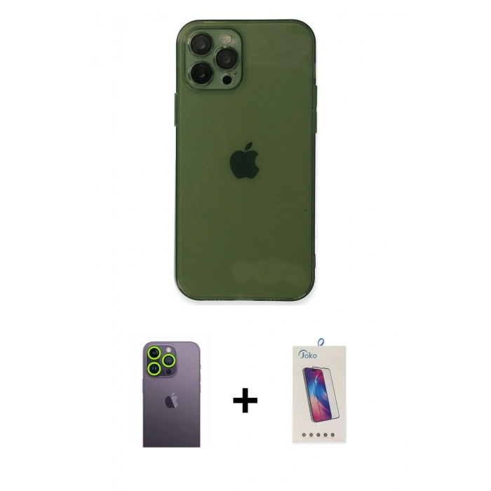 MARSİLYAN™- iPhone 12 Pro Max Kılıf Ahenk Doku - Siyah Joko 5D Cam + Neon Fosforlu Kamera Lens - YL