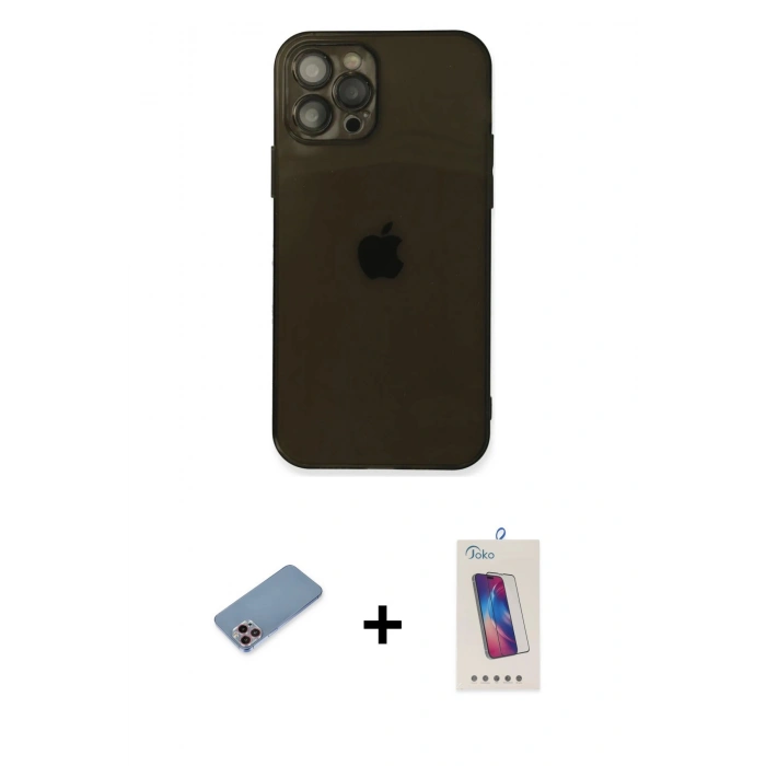 MARSİLYAN™- iPhone 12 Pro Max Kılıf Ahenk Doku - Siyah Joko 5D Cam + Shine Kamera Lens Koruma Cam - PE