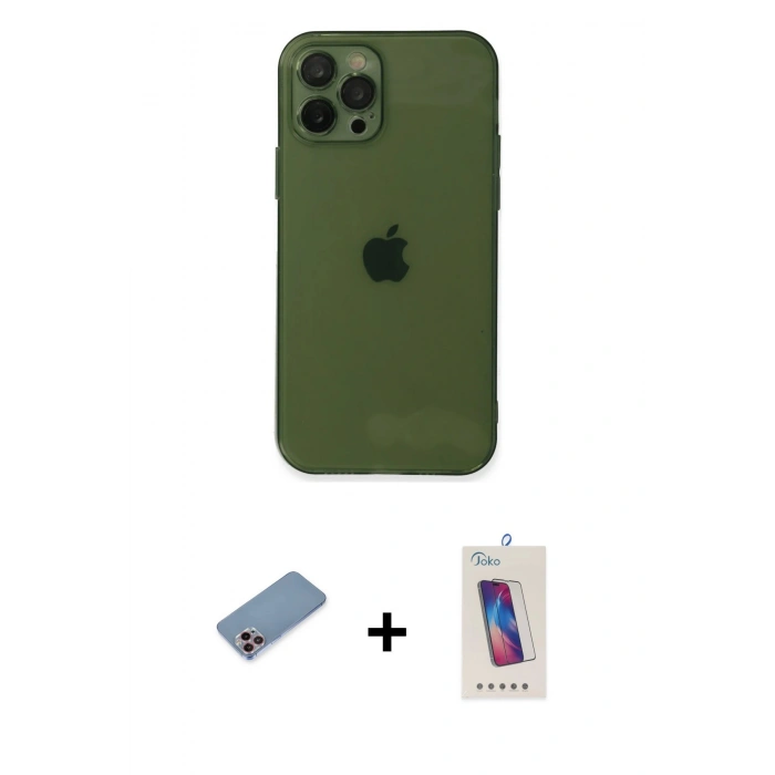 MARSİLYAN™- iPhone 12 Pro Max Kılıf Ahenk Doku - Siyah Joko 5D Cam + Shine Kamera Lens Koruma Cam - PE