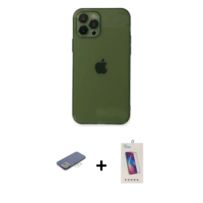 MARSİLYAN™- iPhone 12 Pro Max Kılıf Ahenk Doku - Siyah Joko 5D Cam + Renkli Kamera Lens Koruma Cam - MI