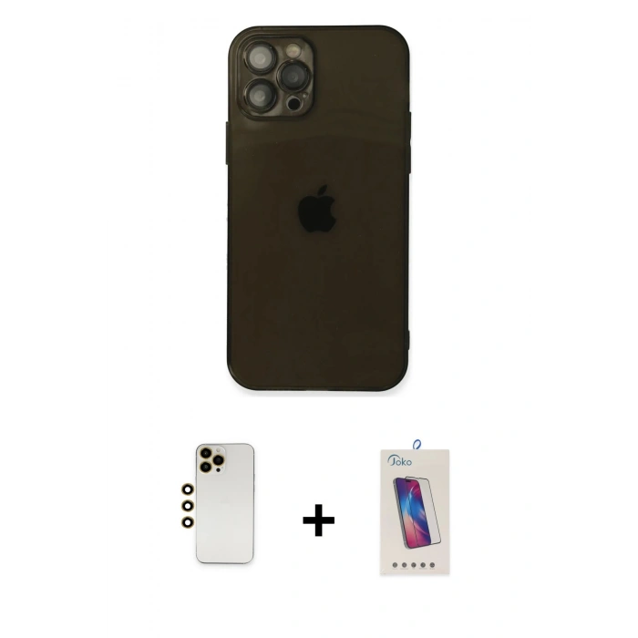 MARSİLYAN™- iPhone 12 Pro Max Kılıf Ahenk Doku - Siyah Joko 5D Cam + Shine Kamera Lens - GD