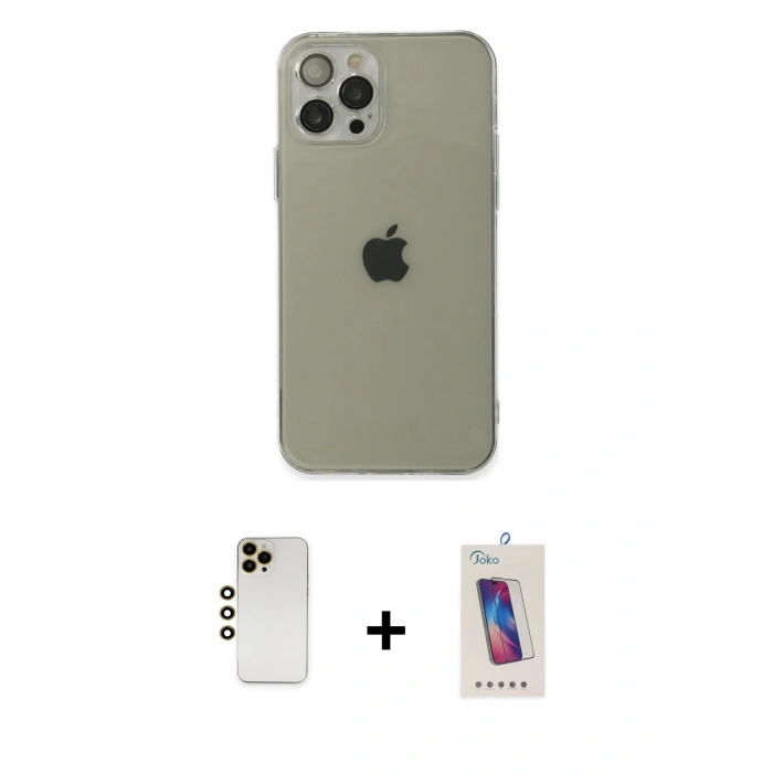 MARSİLYAN™- iPhone 12 Pro Max Kılıf Ahenk Doku - Siyah Joko 5D Cam + Shine Kamera Lens - GD