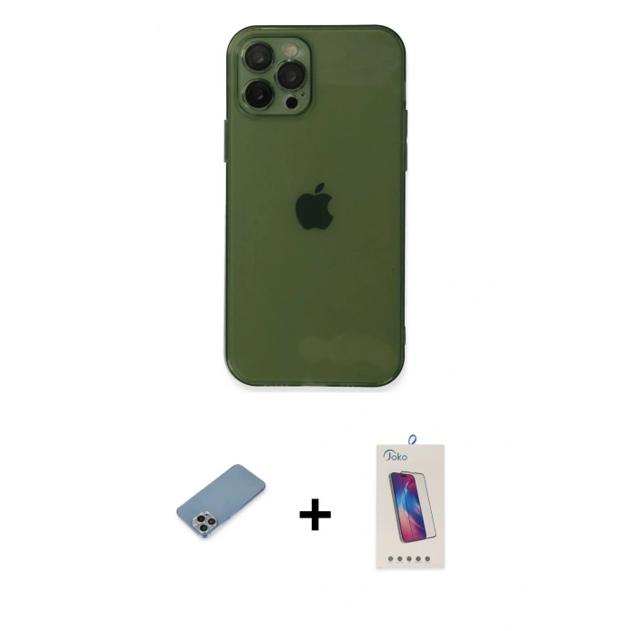MARSİLYAN™- iPhone 12 Pro Max Kılıf Ahenk Doku - Siyah Joko 5D Cam + Shine Kamera Lens Koruma Cam - GI