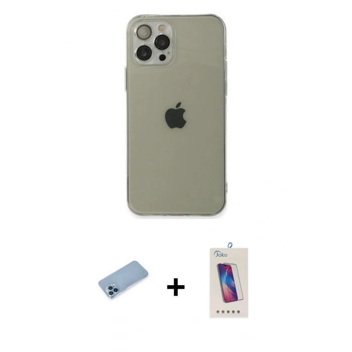 MARSİLYAN™- iPhone 12 Pro Max Kılıf Ahenk Doku - Siyah Joko 5D Cam + Shine Kamera Lens Koruma Cam - MI