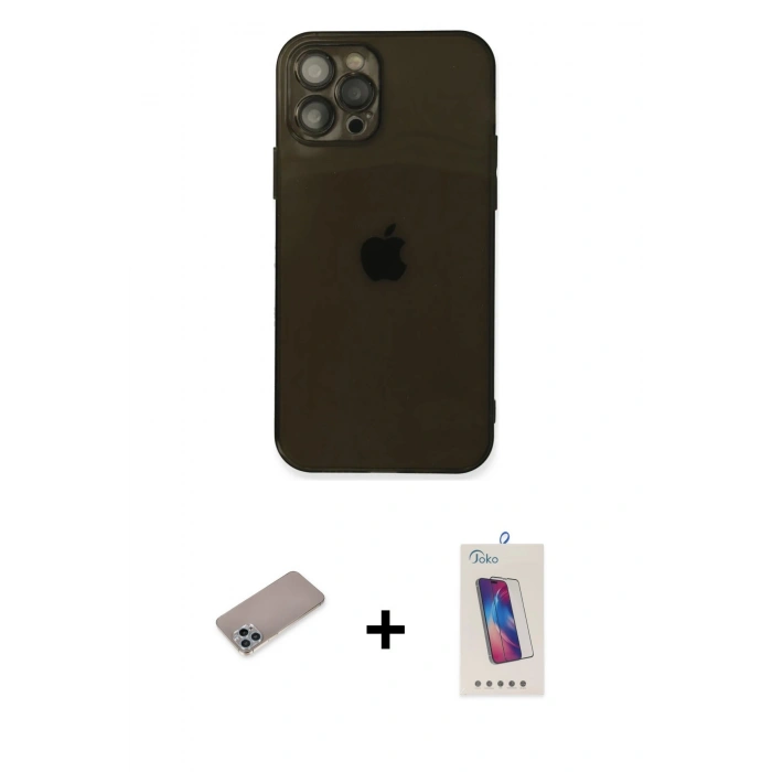 MARSİLYAN™- iPhone 12 Pro Max Kılıf Ahenk Doku - Siyah Joko 5D Cam + Shine Kamera Lens Koruma Cam - SABE