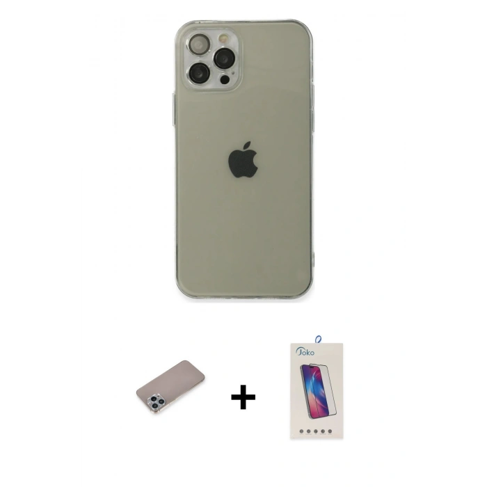 MARSİLYAN™- iPhone 12 Pro Max Kılıf Ahenk Doku - Siyah Joko 5D Cam + Shine Kamera Lens Koruma Cam - SABE