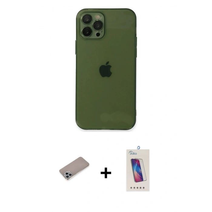 MARSİLYAN™- iPhone 12 Pro Max Kılıf Ahenk Doku - Siyah Joko 5D Cam + Shine Kamera Lens Koruma Cam - SABE