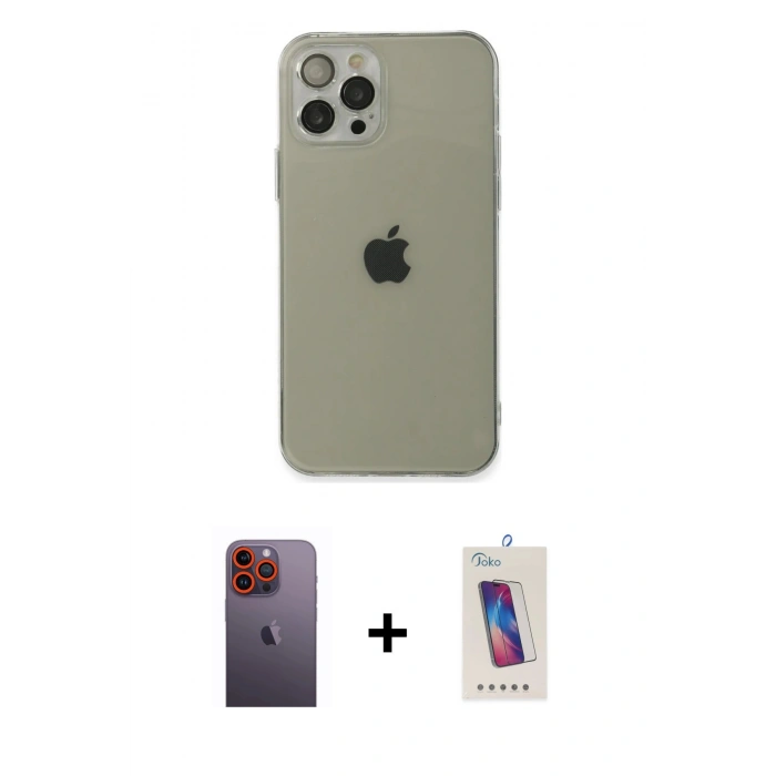 MARSİLYAN™- iPhone 12 Pro Max Kılıf Ahenk Doku - Siyah Joko 5D Cam + Turuncu Neon Fosforlu Kamera Lens