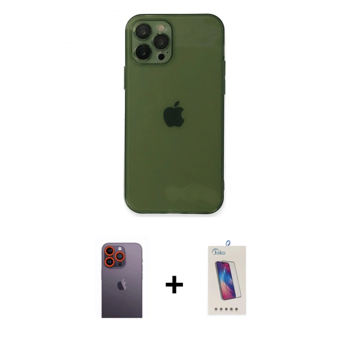 MARSİLYAN™- iPhone 12 Pro Max Kılıf Ahenk Doku - Siyah Joko 5D Cam + Turuncu Neon Fosforlu Kamera Lens