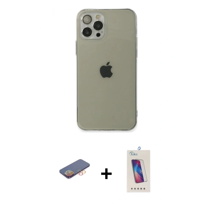 MARSİLYAN™- iPhone 12 Pro Max Kılıf Ahenk Doku - Siyah Joko 5D Cam + Renkli Kamera Lens Koruma Cam - TU