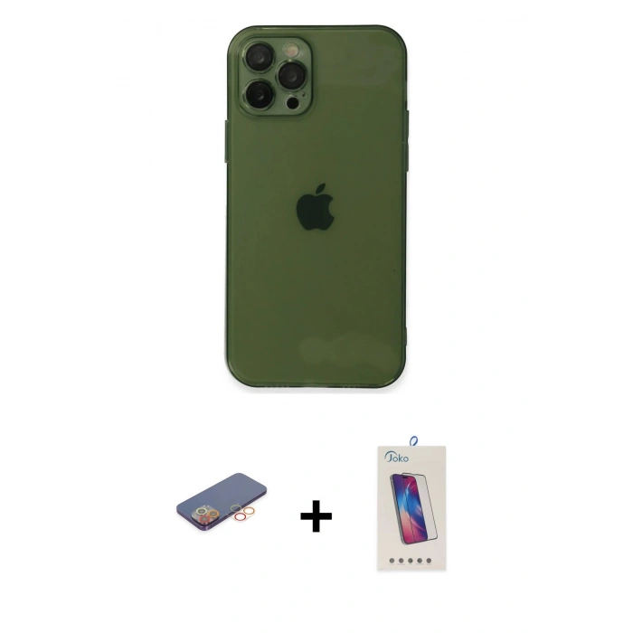 MARSİLYAN™- iPhone 12 Pro Max Kılıf Ahenk Doku - Siyah Joko 5D Cam + Renkli Kamera Lens Koruma Cam - TU