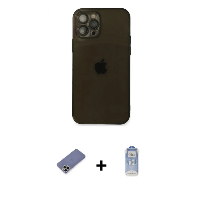 MARSİLYAN™- iPhone 12 Pro Max Kılıf Ahenk Doku - Siyah Joko Magic 5D Cam + Gold Metal Kamera Lens Koruma Cam