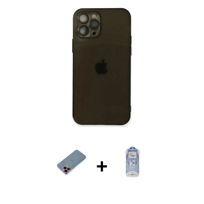 MARSİLYAN™- iPhone 12 Pro Max Kılıf Ahenk Doku - Siyah Joko Magic 5D Cam + Metal Kamera Lens Koruma Cam - KI