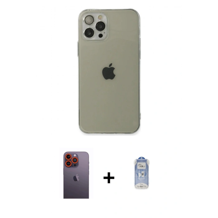MARSİLYAN™- iPhone 12 Pro Max Kılıf Ahenk Doku - Siyah Joko Magic 5D Cam + Neon Fosforlu Kamera Lens - TU