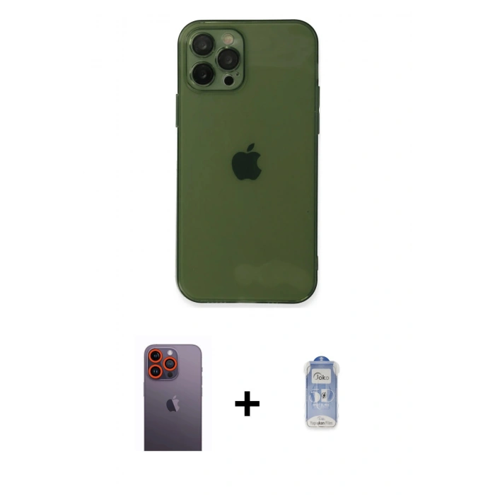 MARSİLYAN™- iPhone 12 Pro Max Kılıf Ahenk Doku - Siyah Joko Magic 5D Cam + Neon Fosforlu Kamera Lens - TU