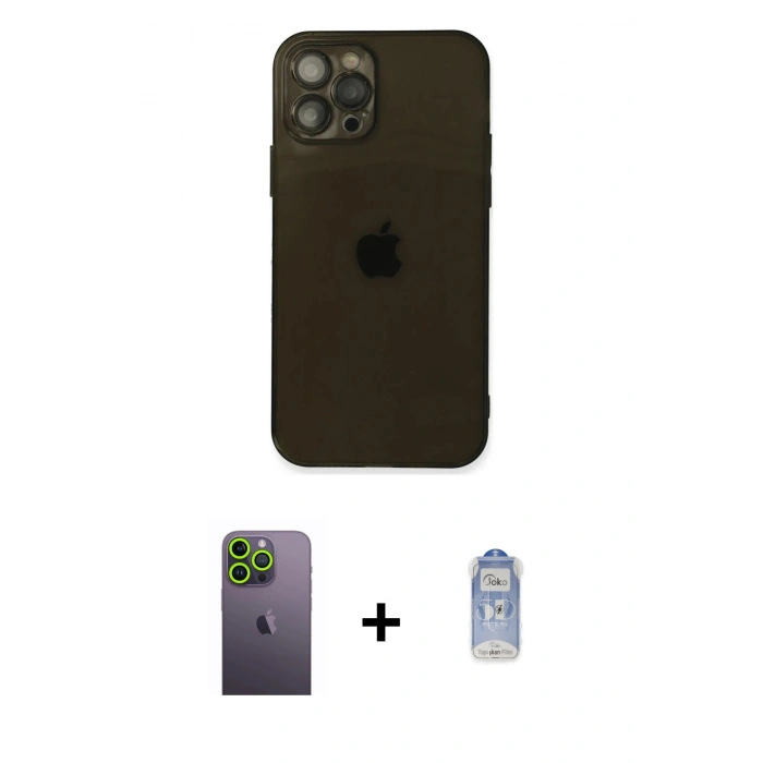 MARSİLYAN™- iPhone 12 Pro Max Kılıf Ahenk Doku - Siyah Joko Magic 5D Cam + Neon Fosforlu Kamera Lens - YL