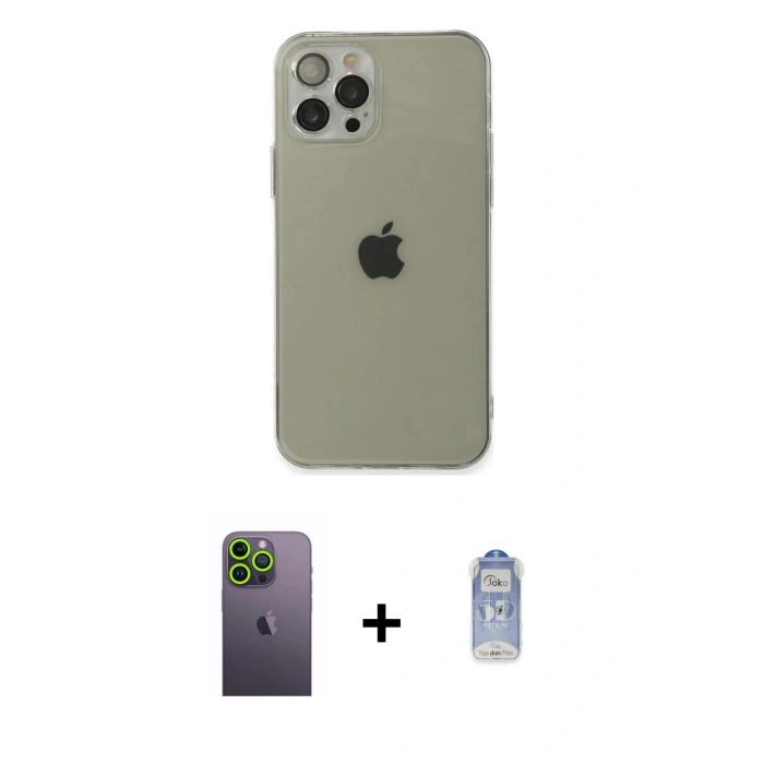 MARSİLYAN™- iPhone 12 Pro Max Kılıf Ahenk Doku - Siyah Joko Magic 5D Cam + Neon Fosforlu Kamera Lens - YL