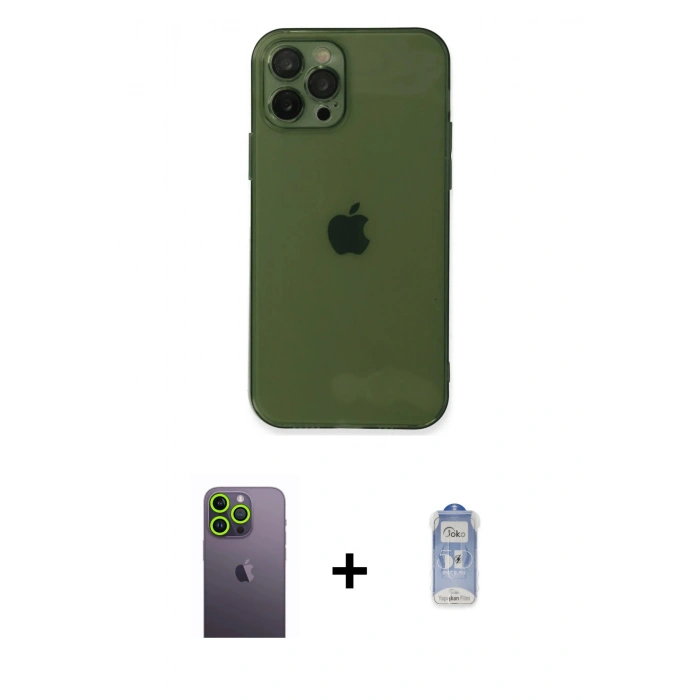 MARSİLYAN™- iPhone 12 Pro Max Kılıf Ahenk Doku - Siyah Joko Magic 5D Cam + Neon Fosforlu Kamera Lens - YL