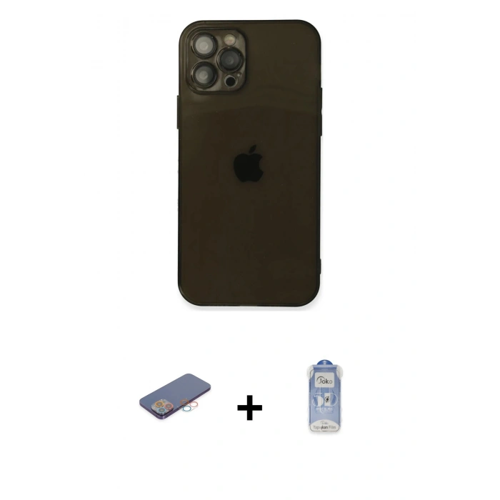 MARSİLYAN™- iPhone 12 Pro Max Kılıf Ahenk Doku - Siyah Joko Magic 5D Cam + Renkli Kamera Lens Koruma Cam - PE